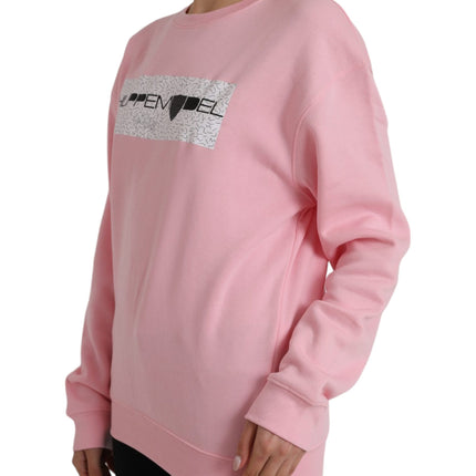 Pink Cotton Logo Print Long Sleeves Pullover Sweater