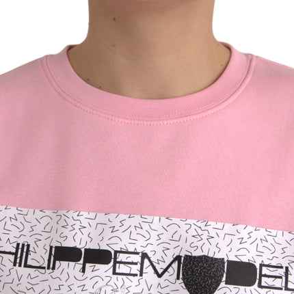 Pink Cotton Logo Print Long Sleeves Pullover Sweater