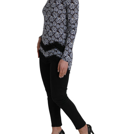 Blue Floral Lace Long Sleeves Top Underwear Blouse