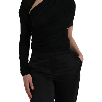 Black Wool Cutout Asymmetric Long Sleeve Top