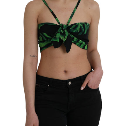 Black Green Leaf Silk Halter Cropped Top