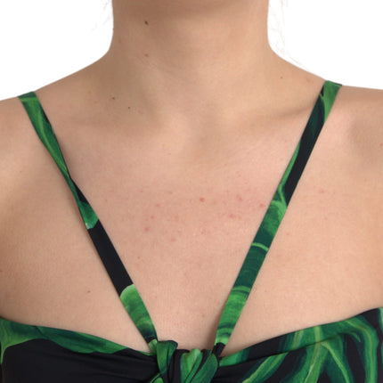 Black Green Leaf Silk Halter Cropped Top