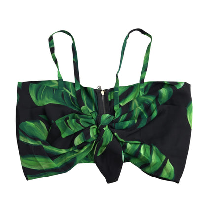 Black Green Leaf Silk Halter Cropped Top