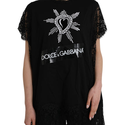 Black Sacred Heart Print Cotton Lace T-shirt