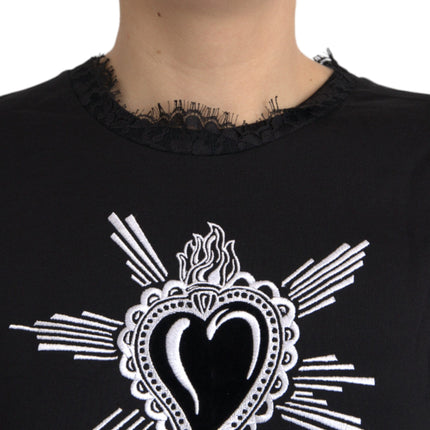 Black Sacred Heart Print Cotton Lace T-shirt