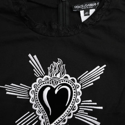 Black Sacred Heart Print Cotton Lace T-shirt