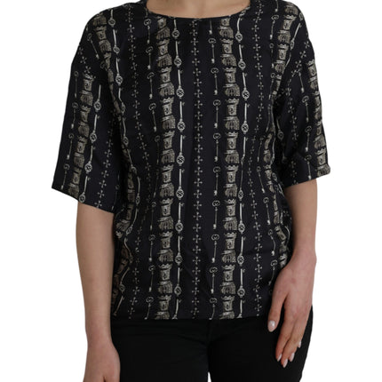 Black Key Castle Print Silk Blouse T-shirt