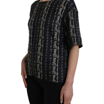 Black Key Castle Print Silk Blouse T-shirt