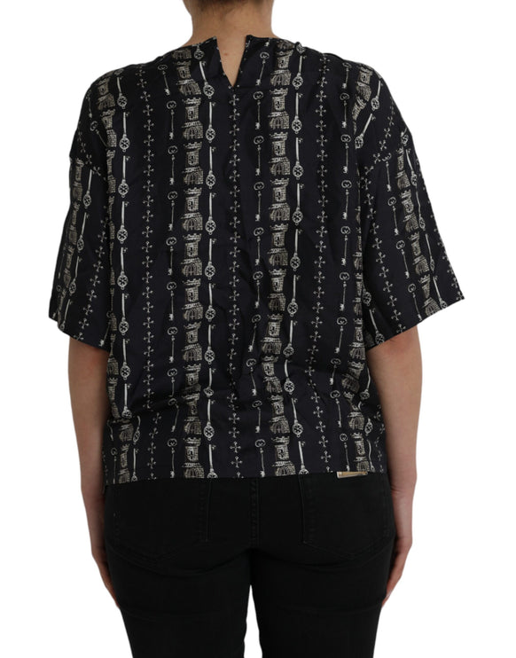 Black Key Castle Print Silk Blouse T-shirt