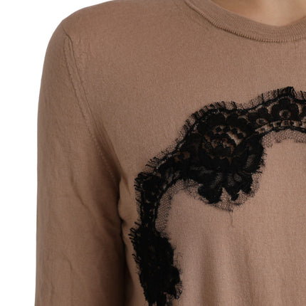 Brown Wool Black Lace 3/4 Sleeve Blouse Top