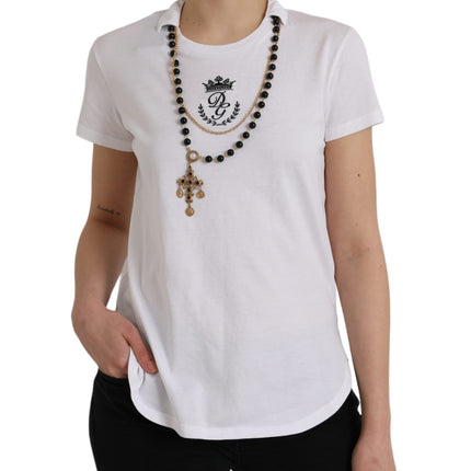 White Cotton Necklace Short Sleeves T-shirt