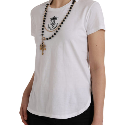 White Cotton Necklace Short Sleeves T-shirt