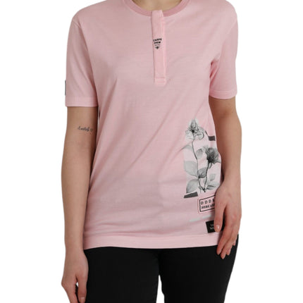 Pink Floral Print Cotton Short Sleeves T-shirt