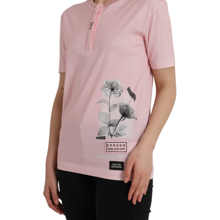 Pink Floral Print Cotton Short Sleeves T-shirt