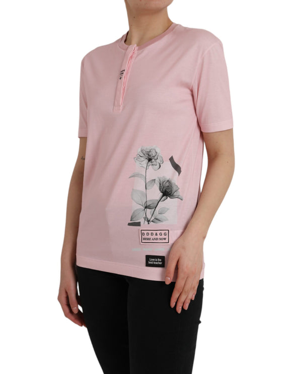 Pink Floral Print Cotton Short Sleeves T-shirt