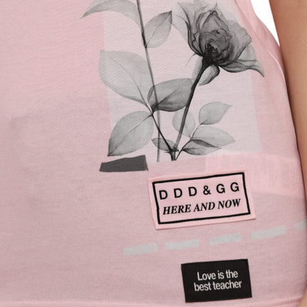 Pink Floral Print Cotton Short Sleeves T-shirt