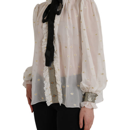 Off White Silk Blend Ascot Collar Blouse Top