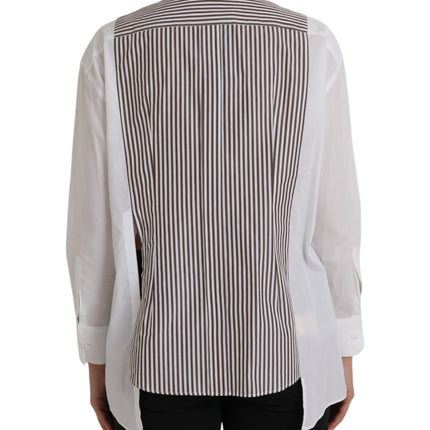 White Stripes Cotton Long Sleeves Ruffle Collar Top