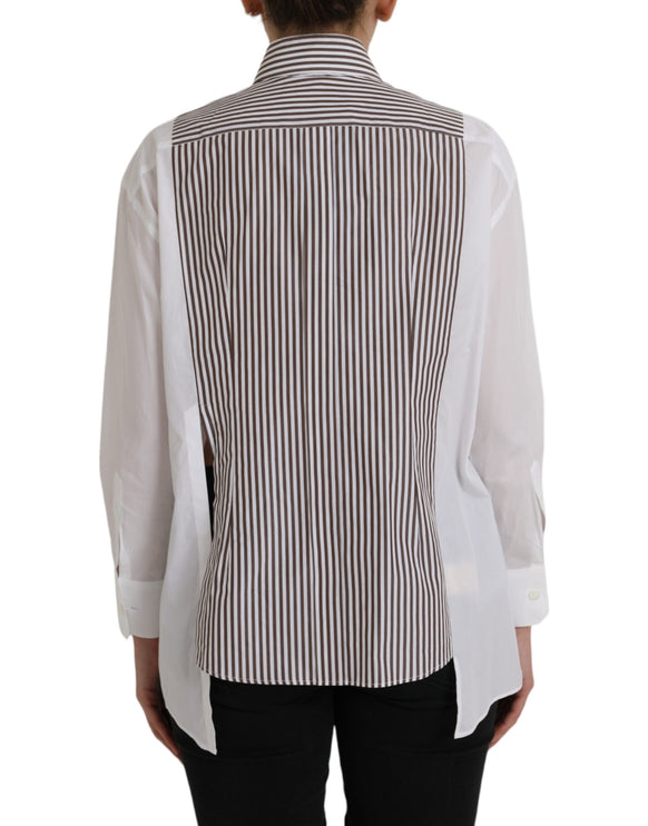 White Stripes Cotton Long Sleeves Ruffle Collar Top