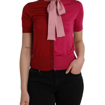 Pink Short Sleeves Pullover Ascot Collar Top