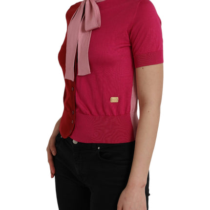 Pink Short Sleeves Pullover Ascot Collar Top