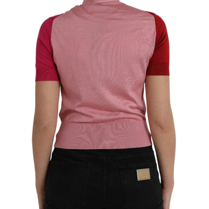 Pink Short Sleeves Pullover Ascot Collar Top