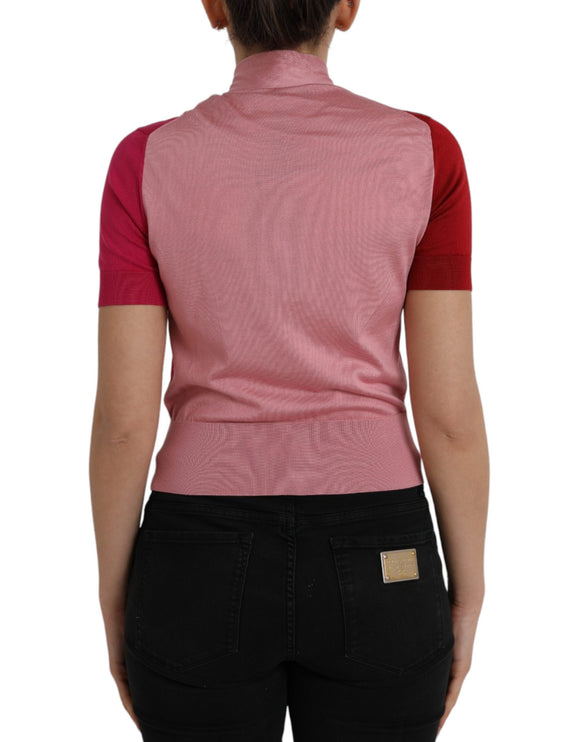 Pink Short Sleeves Pullover Ascot Collar Top