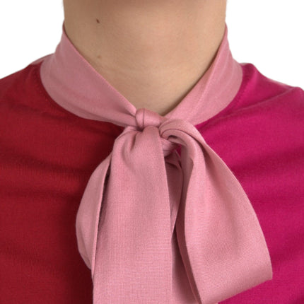 Pink Short Sleeves Pullover Ascot Collar Top