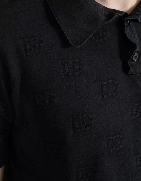 Black DG Logo Silk Jacquard Polo T-shirt