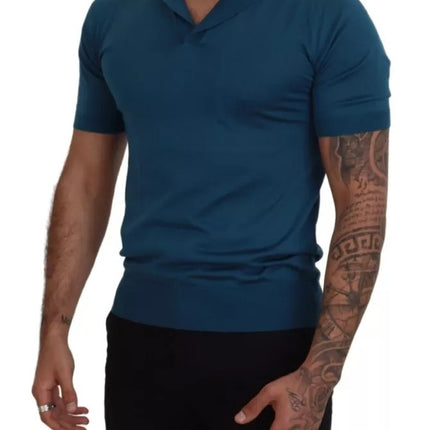 Blue Collared Short Sleeves Silk T-shirt