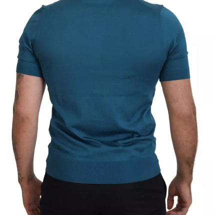 Blue Collared Short Sleeves Silk T-shirt