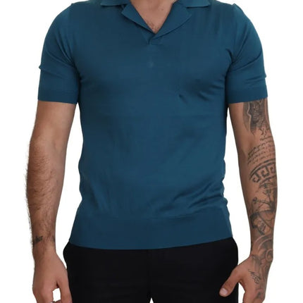 Blue Collared Short Sleeves Silk T-shirt