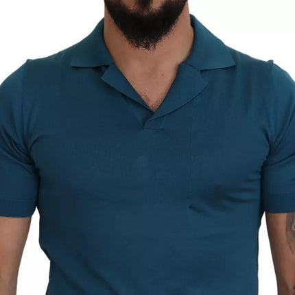 Blue Collared Short Sleeves Silk T-shirt