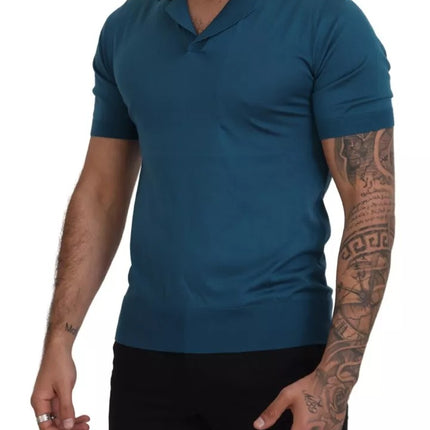 Blue Collared Short Sleeves Silk T-shirt