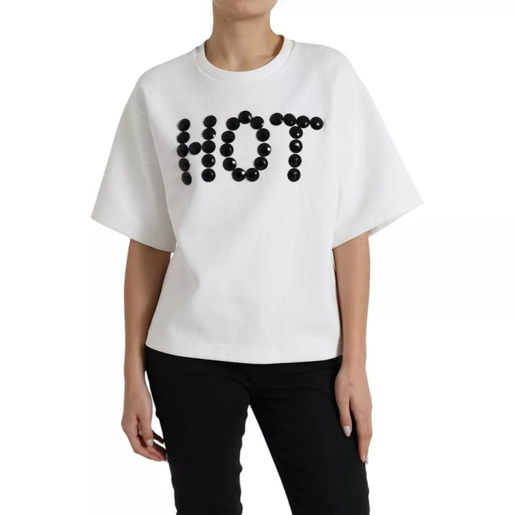 White Cotton Black HOT Crystal Top T-shirt