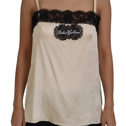 Beige Lace Spaghetti Logo Embroidery Top