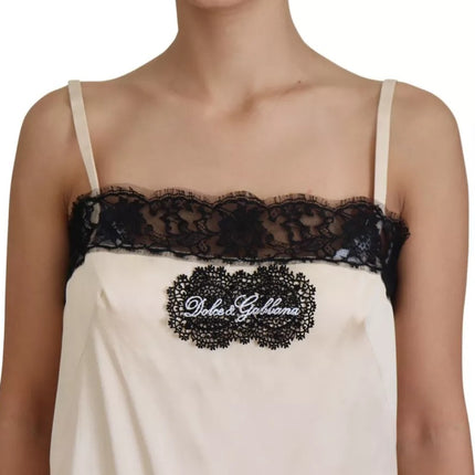 Beige Lace Spaghetti Logo Embroidery Top