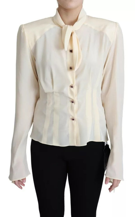 Beige Silk Crepe Shirt Padded Shoulder Top