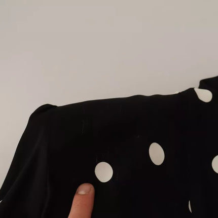 Black Polka Dots Silk Pussy Bow Long Sleeves Top