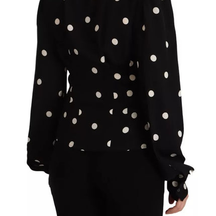 Black Polka Dots Silk Pussy Bow Long Sleeves Top