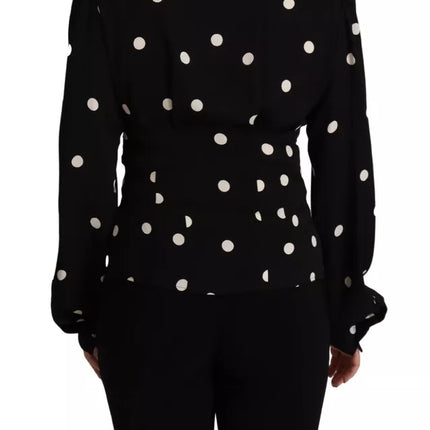 Black Polka Dots Silk Pussy Bow Long Sleeves Top