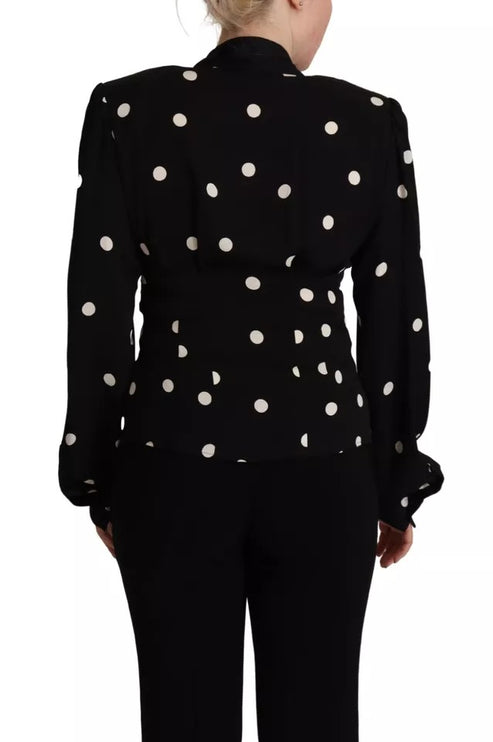 Black Polka Dots Silk Pussy Bow Long Sleeves Top