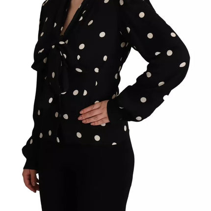 Black Polka Dots Silk Pussy Bow Long Sleeves Top