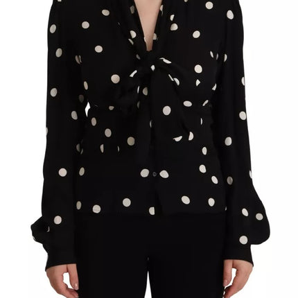 Black Polka Dots Silk Pussy Bow Long Sleeves Top