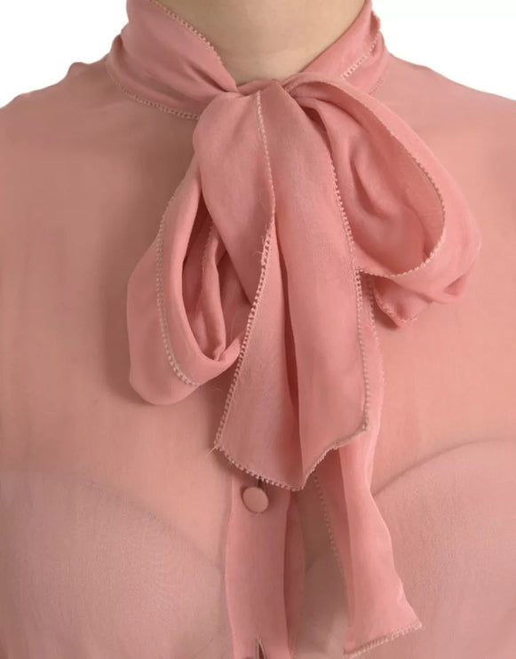 Pink Long Sleeves Ascot Collar Top Blouse