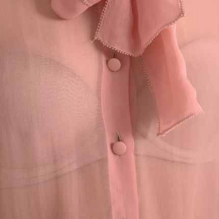 Pink Long Sleeves Ascot Collar Top Blouse