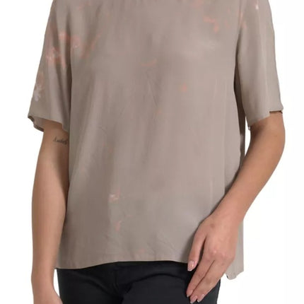 Brown Round Neck Short Sleeve Blouse Top