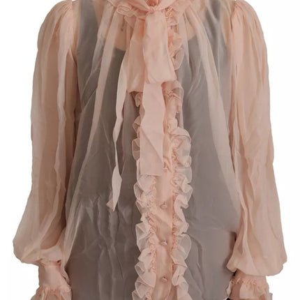 Light Pink Silk Ascot Collar Long Sleeves Top