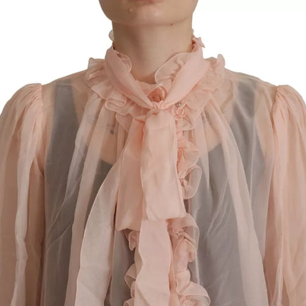 Light Pink Silk Ascot Collar Long Sleeves Top