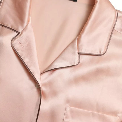 Pink Silk Long Sleeves Logo Pajama Blouse Top